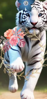 White tiger with flowers mobile wallpaper.