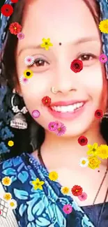 Woman's portrait with colorful floral adornments.