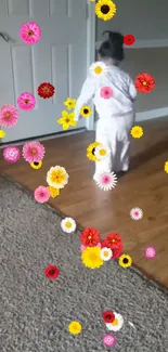 Baby with floating flowers in a home setting.