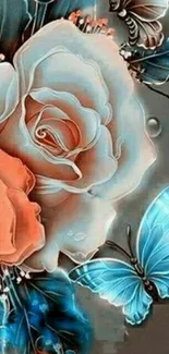 Artistic wallpaper with roses and butterflies in blue and orange hues.