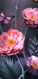 Pink roses and butterflies on a dark background mobile wallpaper.