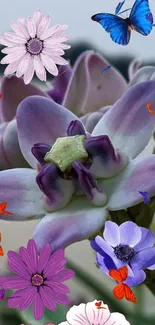 Purple flower with colorful butterflies on a serene nature background.