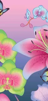 Colorful floral and butterfly wallpaper in pink and blue hues.