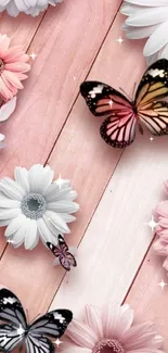 Mobile wallpaper with pink flowers and butterflies.