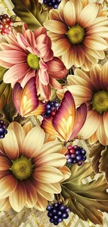 Floral and butterfly mobile wallpaper with warm colors.