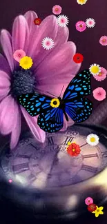 Purple flower and blue butterfly wallpaper with colorful accents.