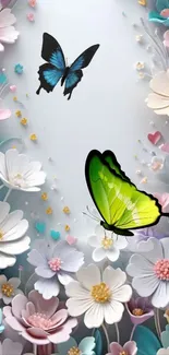 Pastel floral wallpaper with butterflies.