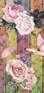 Floral wallpaper with pastel roses and butterflies on wood.