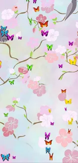 Cherry blossom and butterfly design wallpaper with pastel hues.