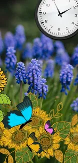 Blue flowers with butterflies and a clock on a vibrant mobile wallpaper.