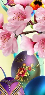 Cherry blossoms with decorated Easter eggs in vibrant colors.