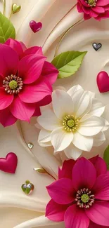 Pink and white flowers with hearts wallpaper.