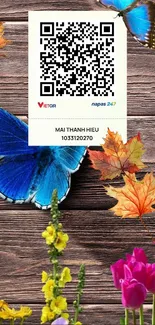 Colorful wallpaper with QR code, butterflies, and autumn leaves.