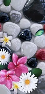 Gray stones with vibrant flowers wallpaper