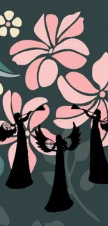 Artistic wallpaper with floral and angel silhouettes on dark green background.