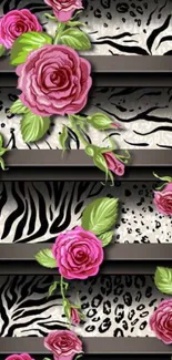 Mobile wallpaper with roses and animal prints in vibrant pink and black tones.