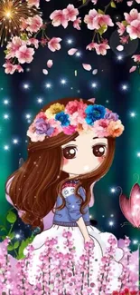 Cute anime girl with floral crown in a colorful floral scene.