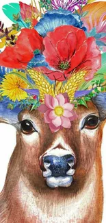 Deer with colorful floral antlers illustration.