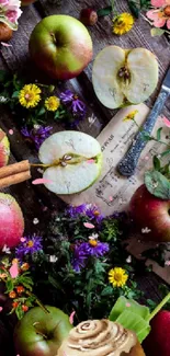 Rustic wallpaper with apples, flowers, and a cinnamon stick on wood.