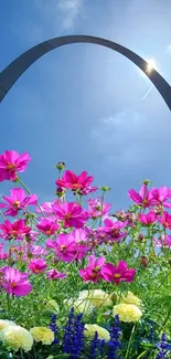 Bright pink flowers under blue sky arch.