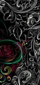 Intricate floral art design on black mobile wallpaper.