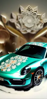 Green car with floral design on a decorative background.