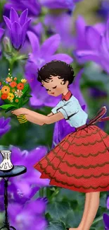 Cartoon girl with flowers against purple blossoms.