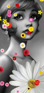 Artistic black and white woman with colorful flowers.