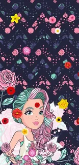 Illustrative floral wallpaper with girl and roses.