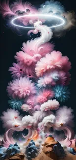 Vibrant floral explosion wallpaper with pastel flowers on a dark background.