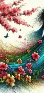 Mystical floral fantasy art with vibrant colors and a butterfly.