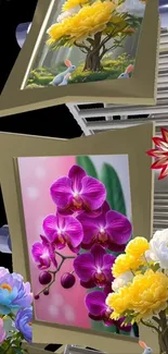 Elegant frames showcasing vibrant floral artwork with purple and yellow blooms.