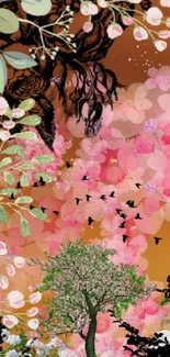 Vibrant floral art wallpaper with birds and blossoms in pink hues.