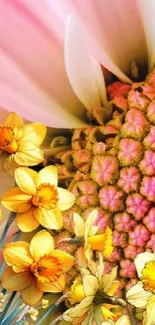 Vibrant floral mobile wallpaper with pink and yellow hues.