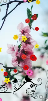 Floral wallpaper with pink flowers and birds.