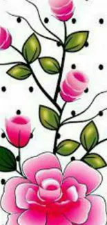 Pink flowers with green leaves on polka dot background.