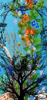 Art Nouveau floral mobile wallpaper with blue and orange flowers, cherubs, and branches.