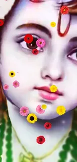 Vibrant and serene divine face with colorful floral accents.