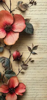 Vintage floral art wallpaper with elegant leaves and flowers on a textured background.
