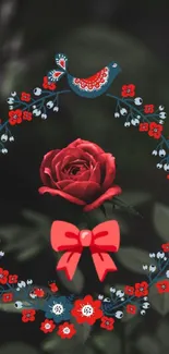 Decorative red rose with blue bird on dark background.