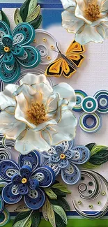 Intricate quilled floral design with butterflies and vibrant colors for phone wallpaper.