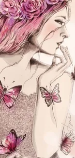 Elegant woman with flowers and butterflies illustration.