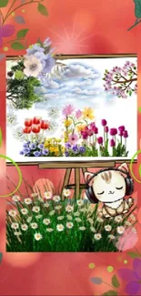 Cute cat with headphones in colorful floral art wallpaper.