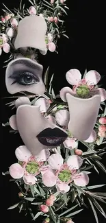 Abstract face with floral elements on a dark background.