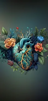 Artistic heart with floral design, featuring vibrant colors on a mobile wallpaper.