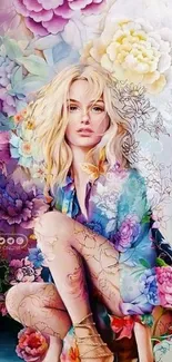 Artistic wallpaper with flowers and a blonde figure.