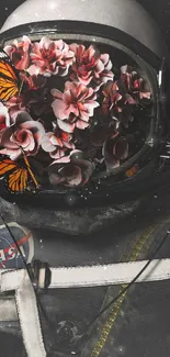 Astronaut helmet filled with flowers and butterflies on a cosmic background.