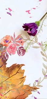 Elegant floral with autumn leaves and vibrant colors on a white background.