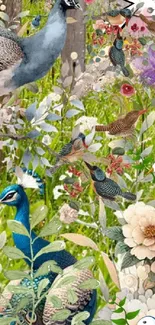 Colorful birds amidst lush greenery and flowers in a serene wallpaper.