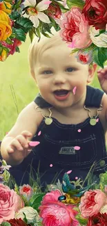 Baby smiling surrounded by vibrant flowers on green grass.